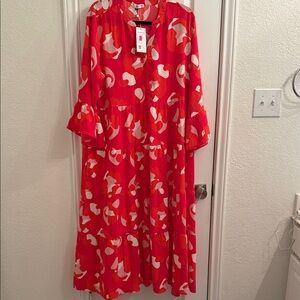 Vibrant Red Patterned Long Sleeve Dress
